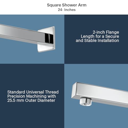 Johnson Bathrooms Square Shower Arm 24 Inches Long With Wall Flange | SS304 Grade Anti-Corrosion Shower Holder For Overhead Showers | 2 Year Warranty (T7069S4 - CP Finish),Chrome 2