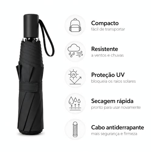 Guarda-Chuva preto Dobrável BF Brasil Forte – Manual, Compacto, 7 Varetas de Fibra de Vidro, Proteção UV, Resistente ao Vento, Leve para Uso Diário