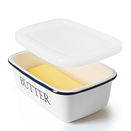 SveBake Butter Dish - Enamel Butter Boat Unbreakable Butter Keeper Container with Airtight Plastic Lid for Kitchen, White - Thumbnail 3