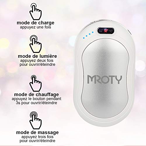 Chauffe -Mains Rechargeable USB, 10000mAh Chauffe Mains de Proche Electrique, Utilisé comme Batterie Externe/Massage/Lampe de Proche, Parfait comme Cadeaux d\'hiver (Argent)