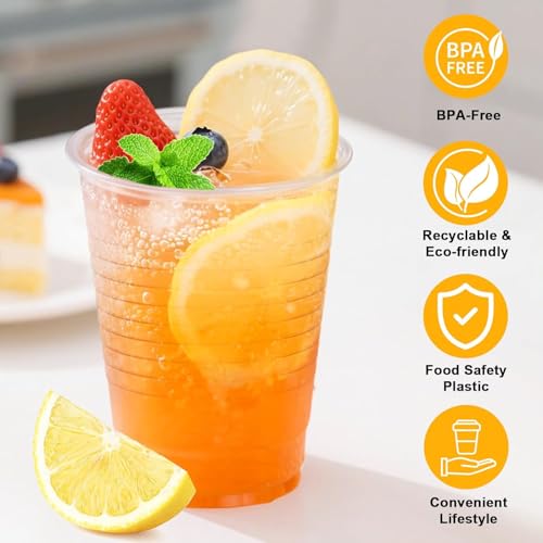Disposable Clear Cup 100 Pack 8 oz Plastic Iced Coffee Cups with Flat Lids, Disposable Clear Cup, BPA Free Cup for Party, Smoothie, Cold Drinks, Juice, Milkshake, Tea