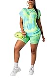 Women 2 Piece Outfits Short Sleeve Tie Dye T-Shirt Top and Short Pants Set Bodycon Clubwear Tracksuit