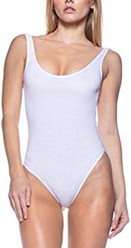 GUVU Womens Sexy Lightweight Stretch Sleeveless Thong Bodysuit (Medium, White)
