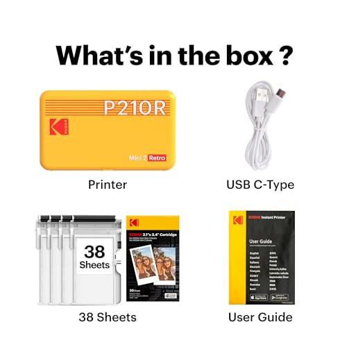 KODAK Mini 2 Retro 2x3 Mobile Photo Printer, 38 Sheets, Bluetooth Phone Printer Compatible With iOS & Android Smartphones, Instant Colour Prints, 4PASS Dye Sublimation, White