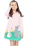 Fiream Girls Cotton Longsleeve Casual Dresses Striped Applique Cartoon by