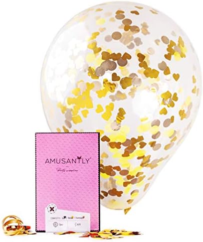 AMUSANTLY Gold, Yellow and Champagne Confetti Balloons in Rose Pink Gift Box, 12 Pcs | Large 18 Inch Clear Latex Balloons Filled with Foil and Tissue Paper Hearts and Dots, 65 ft of Curling Ribbon