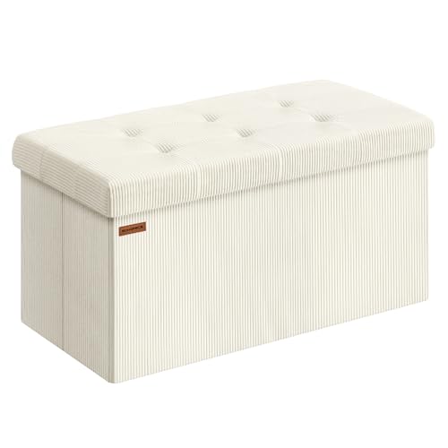 Puff Almacenaje, Baúl de Almacenaje Plegable, 38 x 76 x 38 cm, Taburete Reposapiés, Banco de Cama, Soporta hasta 300 kg, para Sala de Estar, Dormitorio, Entrada, Blanco Crema LSF603W01