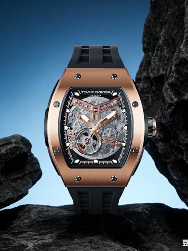 TSAR BOMBA Men's Automatic Watch Skeleton Watch Luxury Barrel Mechanical Watch 50m Waterproof Analog Watch