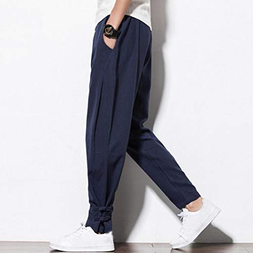 Willsa Men's Pants Men Chinese Harem Elastic Waist Solid Cotton Loose Baggy Trousers Plus GY/3XL - Thumbnail 2