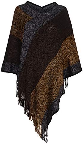 Women’s Elegant Knitted Poncho with Fringed Sides V-Neck Striped Sweater Pullover Cape for Her Mom Girls