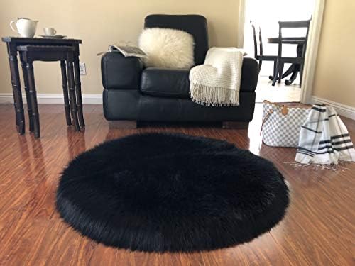 Super Soft Faux Sheepskin Silky Shag Rug, Round (24", Black)
