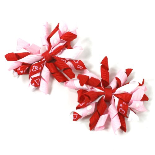 Girls Curly Mini Korker Hair Bow Clips Set of 2 (Valentine Red/white/pink) - Girls Curly Hairbows