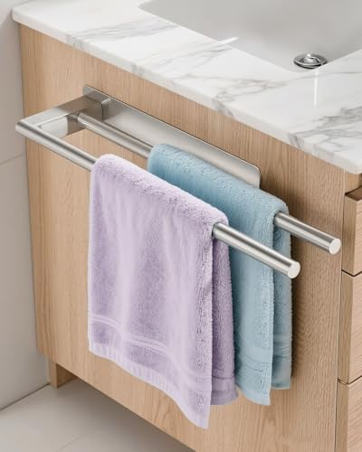 Toallero sin taladrar Doble Acero Inoxidable 304, Barra de Toalla de Dos Brazos, Autoadhesivo, Soporte para Toallas de Invitados, Montaje en Pared para baño, Cocina, Plateado