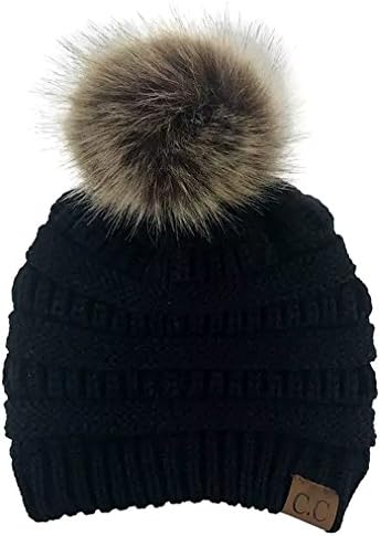 AMETS553 CC Knit Thick, Super Soft Fleece Lined Warm Pom Pom Beanie (Black)