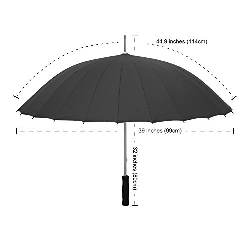 Becko Manual Open & Close Umbrella Long Umbrella with 24 Ribs, Durable and Strong Enough for the Wind and Rain, Easy to Carry on Your Back By Its Own Bag (Black) - Thumbnail 2
