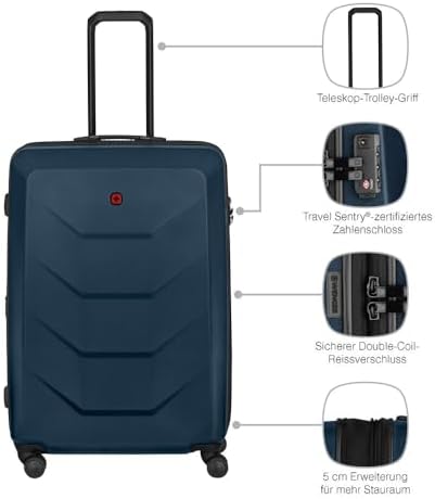 Prymo Large Hartschalenkoffer mit 4 Rollen, Trolley, Groß, 93 (107) l, Sicherheitsschloss, Damen Herren, Reisen Urlaub, Blau, 653634
