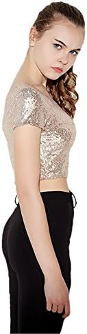 Celewe Girl's Glitter Sequins Backless Short Sleeve T-shirt Crop Tops, Gold, US S/Asia Tag M