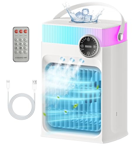 Portable Air Conditioners, Mini Portable AC Unit for Bedroom, 1200ML Small Cooling Fan with Remote, 3 Mist, 3 Speed, 8 Light, 2-8H Timer Personal Cooler Fans for Office Camping Car Desk(White)