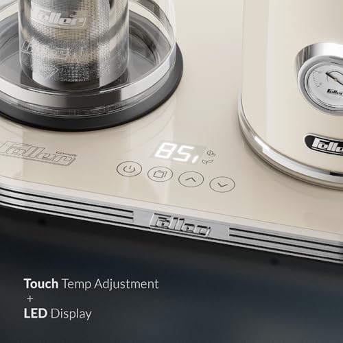 Feller Germany 2200 W 2-in-1 Retro Teamaker/Coffee Maker +1.7L Stainless Steel Electric Kettle with Strix, Adjustable Touch Teapot Temp+LED Display, TS490, 2Y Guarantee-UAE Version (Cream)