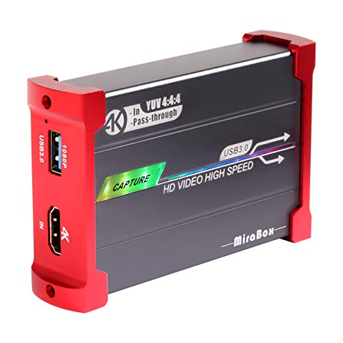 mirabox 4k capture card, usb3.0 hdmi game capture con 4k @ 60hz input and pass-through, 1080p 60fps usb3.0 camlink para dslr, switch, ps4, ps5 obs windows7 / 8/10 mac os linux transmisión en vivo y grabación de juegos