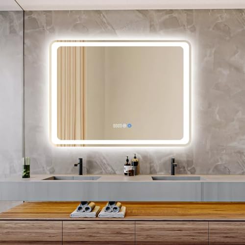 HALMAN Espejo Led para Baño,80 * 61CM Espejos de Pared Rectangular, Espejo Sin Marco con Iluminación de 3 Colores, Antivaho, Brillo Ajustable, Pantalla de Tiempo y Temperatura, Colgante Horizontal
