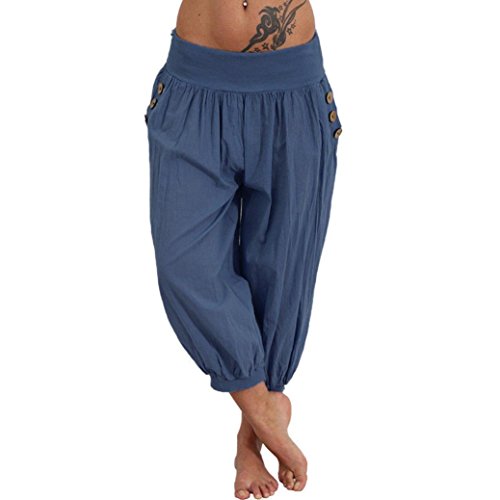 Clearance Women Trousers on Sale vermers Women Elastic Waist Boho Check Pants Baggy Wide Leg Summer Casual Yoga Capris(S, Blue) - Thumbnail 2
