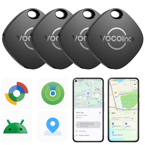 VOCOlinc Android Smart Tag Set of 4 Dual System, Air-tag Tracker Works with Apple and Google App Locate Tracker, Tracker Object Locators for Suitcase/Keys/Bags/Luggage, Replaceable Battery