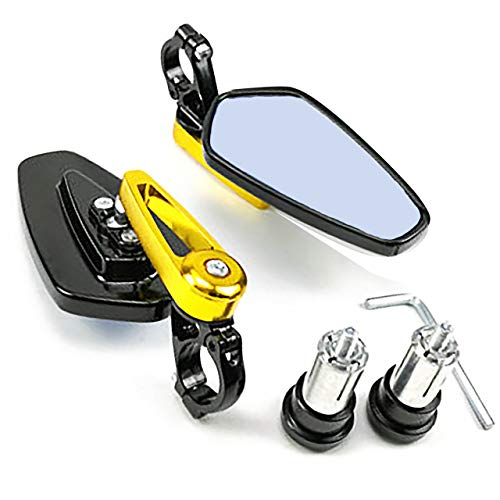 Yibid Motorcycle Handle Bar end Mirrors, CNC Billet Aluminum Triangle Side Rearview Universal for 7/8 inch Handlebar Honda Kawasaki Suzuki Yamaha Harley Victor Ducati Racer Street Bikes (Gold Stem)