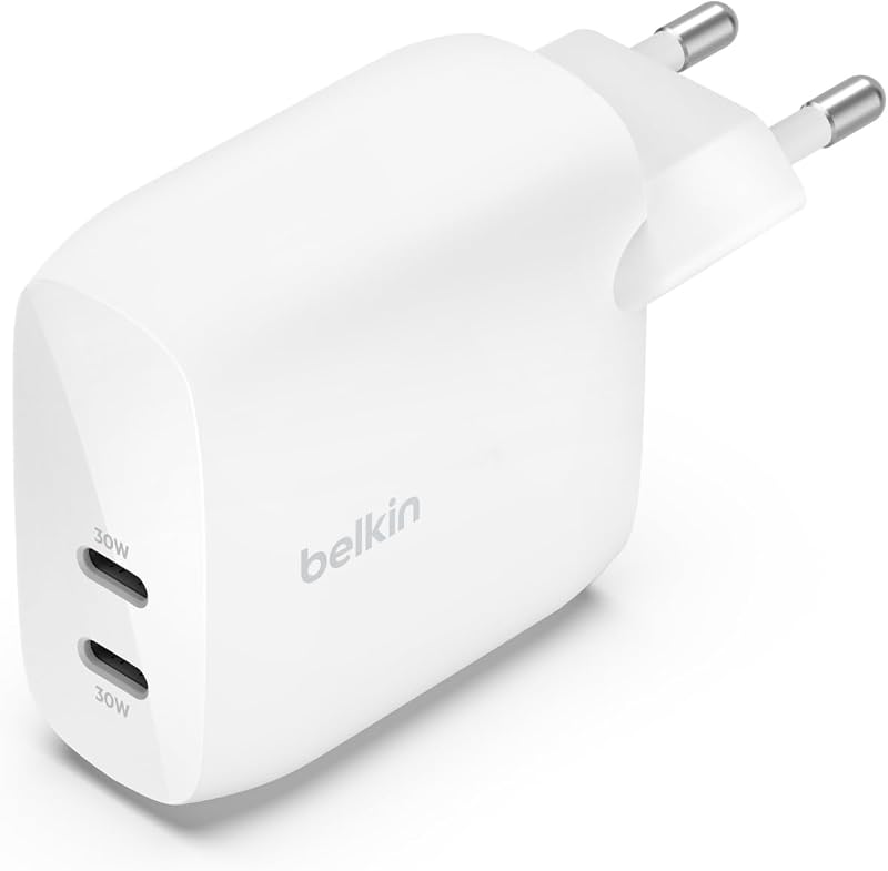 Carregador de parede belkin boostcharge dual usb-c com 60 w pps, carregador usb para iphone 16, 15 e ipad, samsung galaxy e google pixel, compatível com cabos usb-c para lightning e cabos usb-c para usb-c