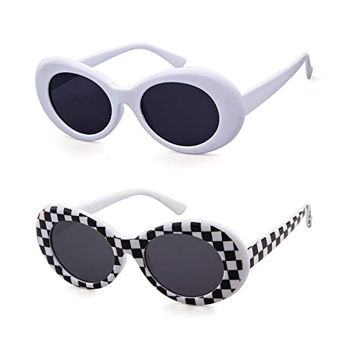 Clout Goggle Oval Sunglasses Round Lens Bold Retro Kurt Cobain Glasses (white+white checker)