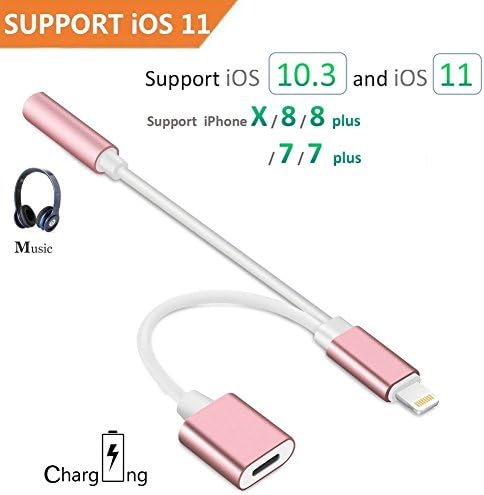 iPhone 7 / 7 plus / 8 / X Adapter, (Support iOS 11) Aprtwin 2 in 1 Lightning Adapter and Charger, Lightning to 3.5mm Aux Headphone Jack Audio Adapter for iphone X, 8, 8 plus, 7, 7 plus (Rose gold)