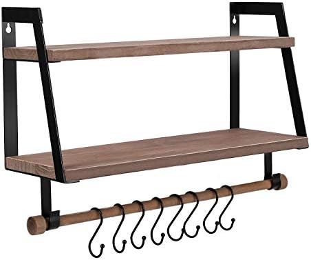LuuBoes Wall Shelves Wood Storage with Towel Bar Floating Shelves Rustic 2 Tier Bathroom Shelf Kitchen Spice Rack with Hooks for Bathroom Kitchen