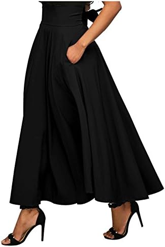 Kumer Women's High Waist Long Skirt Pleated A Line Swing Skirt Front Slit Belted Maxi Skirt