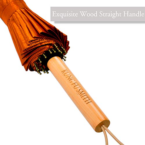 Kung Fu Smith Janpanese Parasol Rain Umbrella - Large Windproof and Ultra Light - Orange and Wood Handle