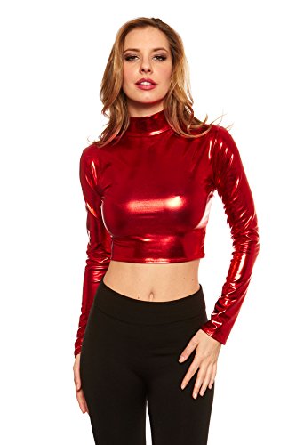 Red hanger women s crop top - metallic wet look mock ne…