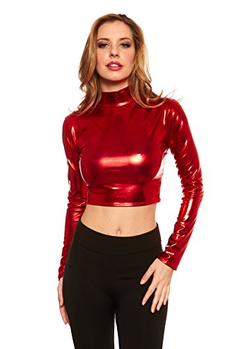 Red Hanger Women's Crop Top - Metallic Wet Look Mock Neck Turtleneck - Long Sleeve (Red-M)