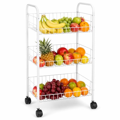 Fruteira 3 Andares com Rodinhas, Aço Resistente, Branca, 63x36,5x24 cm, com 2 Alças Laterais, para Cozinha