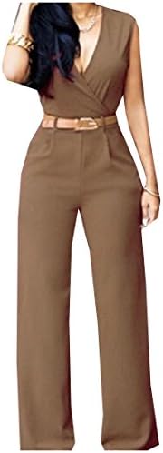 xiaokong Women's Stylish Sexy Pure Color Wide Leg Office Jumpsuit As Picture XL