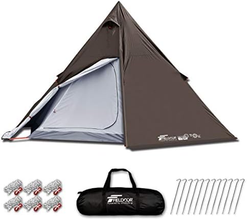 送料込 Fieldoor ワンポールテント 4人用 ダークブラウン パネル式 木製ワンポールテント用テーブル ロープ ペグ Uvカット 高耐水 コンパクト 収納バッグ付 メッシュ シルバーコーティング フルクローズ