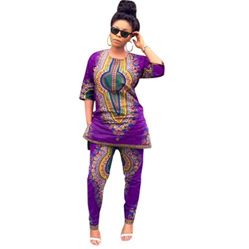 Teresamoon Straight Tops+Pants Women Print Print Clothes (M, Purple)