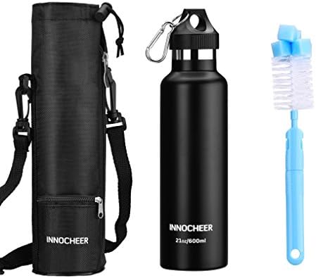 Innocheer Stainless Steel Water Bottle, 21oz Double Walled Vacuum Insulated Flask with Bonus Bottle Pouch &amp; Wash Brush (Black)