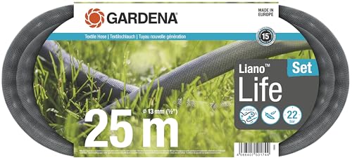 Gardena Liano Life Textilschlauch 1/2 Zoll, 25m Set: Hochflexibler Gartenschlauch aus Textilgewebe, mit PVC-Innenschlauch, kein Abknicken, leichtgewic