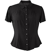 YARN & INK Women's Soft Comfy Tops, Button Down Classic Shirt 1950s Retro Elegant Blouse Tops