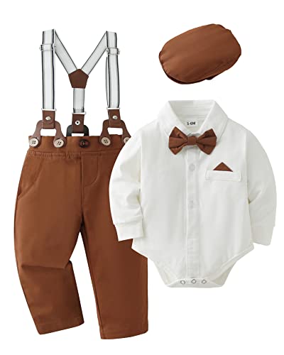 DISAUR Baby Boy Clothes Toddler Boy Outfits, 4PC Gentleman Dress Romper + Beret Hat + Suspender Pants + Bow Tie Cotton Suit Set(White,18-24 months)