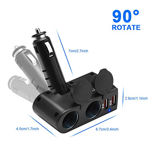 Rocketek 2 USB 2 Socket Car Cigarette Lighter Adapter Combine Dual 12V/24V DC Outlet Car Splitter and Dual USB QC3.0 Car Charger Adapter, The Car Socket and Car USB Support up to 90W / 4 Devices