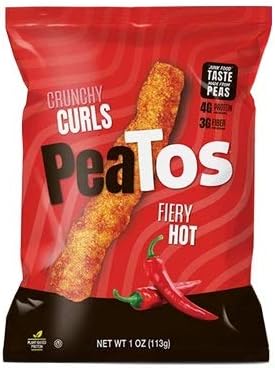 Peatos Crunchy Puffs Snacks, 1 Ounce, Gluten Free, Vegetarian, Pea Plant Protein Snack (Fiery Hot, Pack of 12)