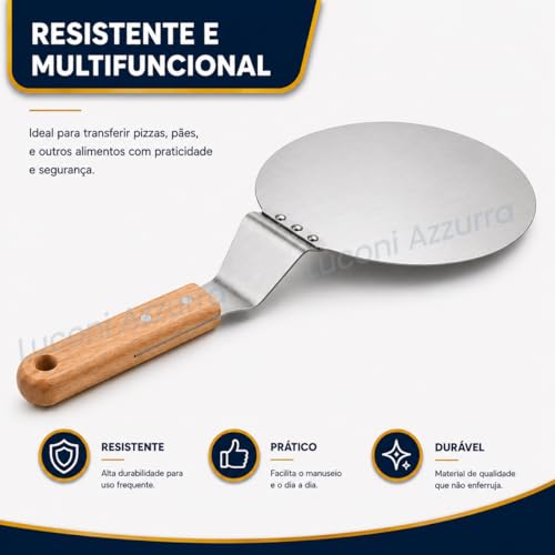Pá de Pizza Redonda em Aço Inoxidável, 31cm, com Cabo de Madeira, para Pizza, Pães e Massas