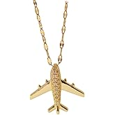 Cykdohy Shiny Airplane Cubic Zirconia Pendant Necklace for Women Dainty Simple Gold Plated Crystal Aircraft Flight Charm Adjustable Chain Clavicle Choker Fashion Jewelry Gifts