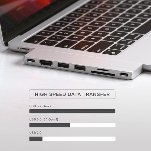 Satechi 7 in 1 USB C Hub Multiport Adapter Pro Slim, USB C Dongle, 100W Charging, 4K HDMI, USB 4, USB 3.2 Gen 2, SD/Micro Card Reader for Mac, MacBook Air/Pro - Silver