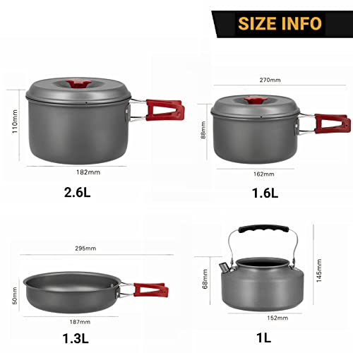 Bulin Camping Cookware Mess Kit, Nonstick Backpacking Cooking Set, Outdoor Cook Gear for Family Hiking, Picnic| Lightweight Cookware Sets(Kettle, Pots, Frying Pan, BPA-Free Bowls, Plates, Spoon)